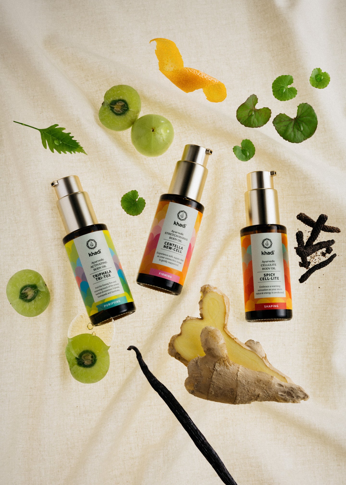 Immagine dei tre Oli Corpo Shakti Shape circondati da principi attivi Immagine dei tre Oli Corpo Shakti Shape circondati da principi attivi