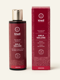 Flacone e confezione in cartoncino dello shampoo khadi Amla Volume
