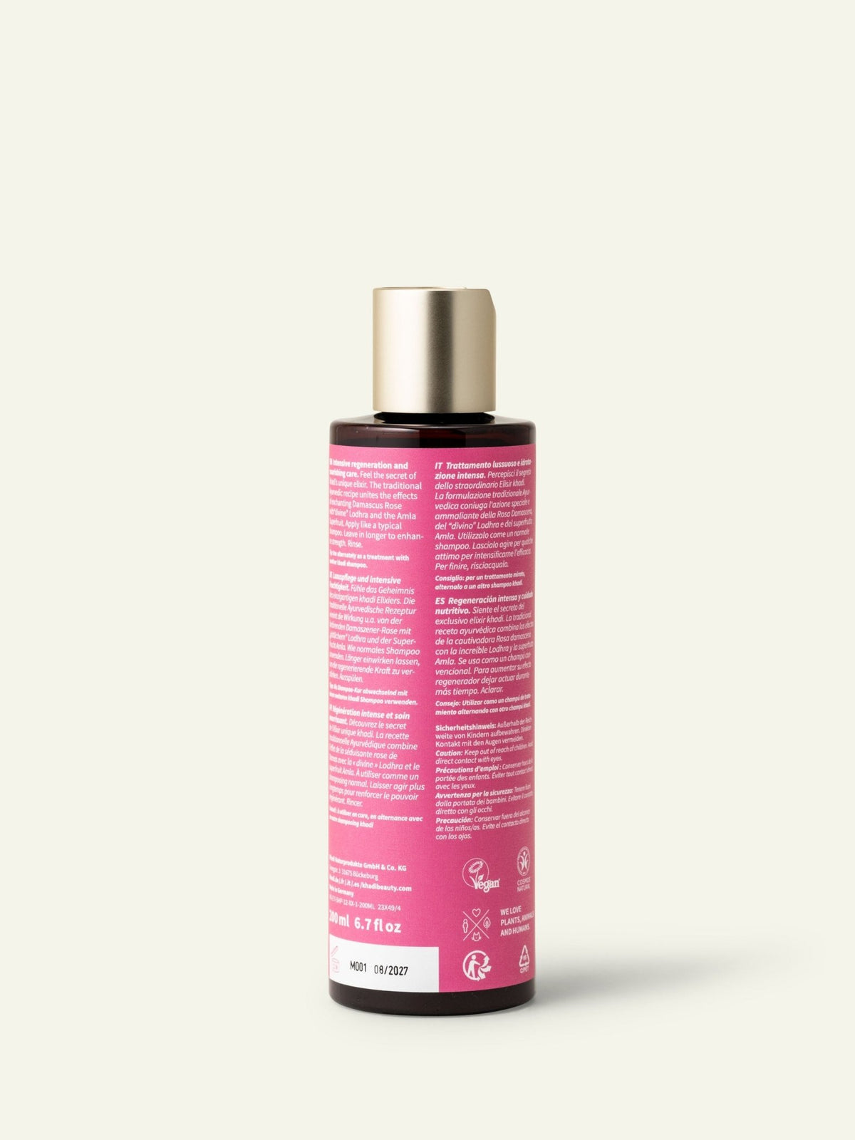 Parte posteriore del flacone di shampoo khadi Rose Repair con etichetta visibile