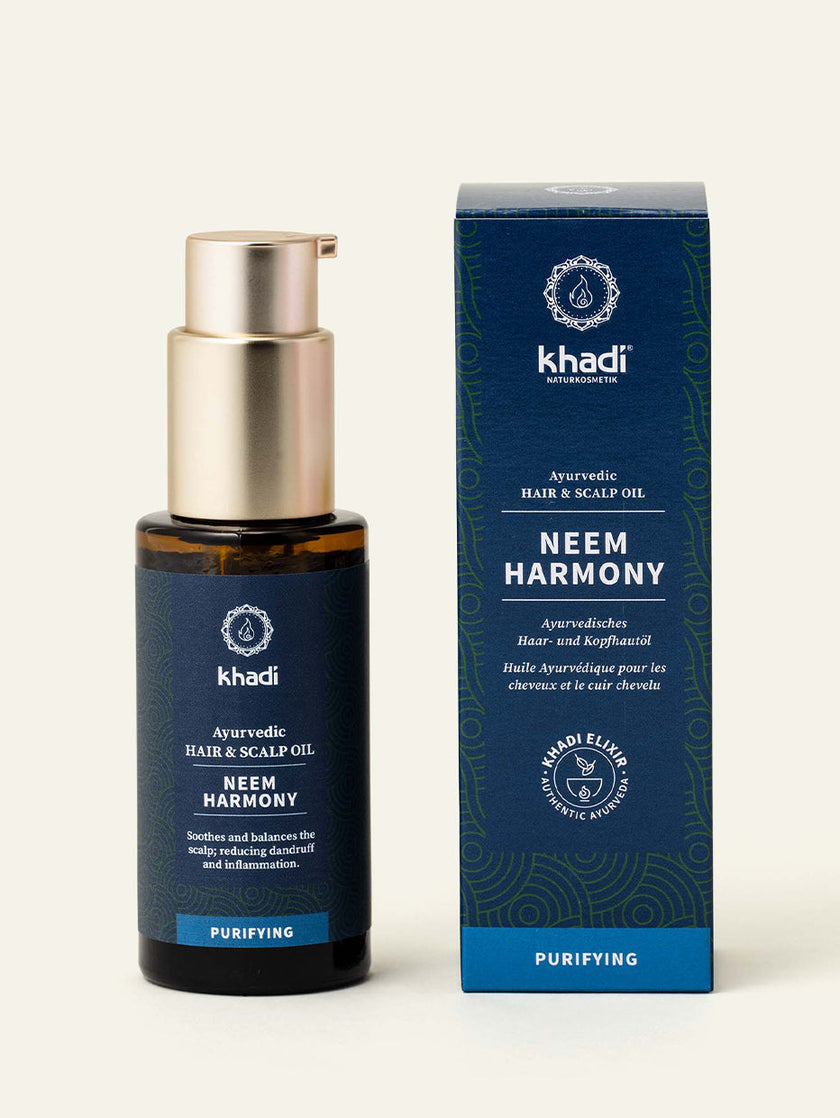 Immagine dell'olio per capelli e cuoio capelluto Neem Harmony, confezione detergente di khadi