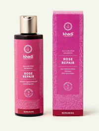 Flacone e confezione in cartoncino dello shampoo khadi Rose Repair
